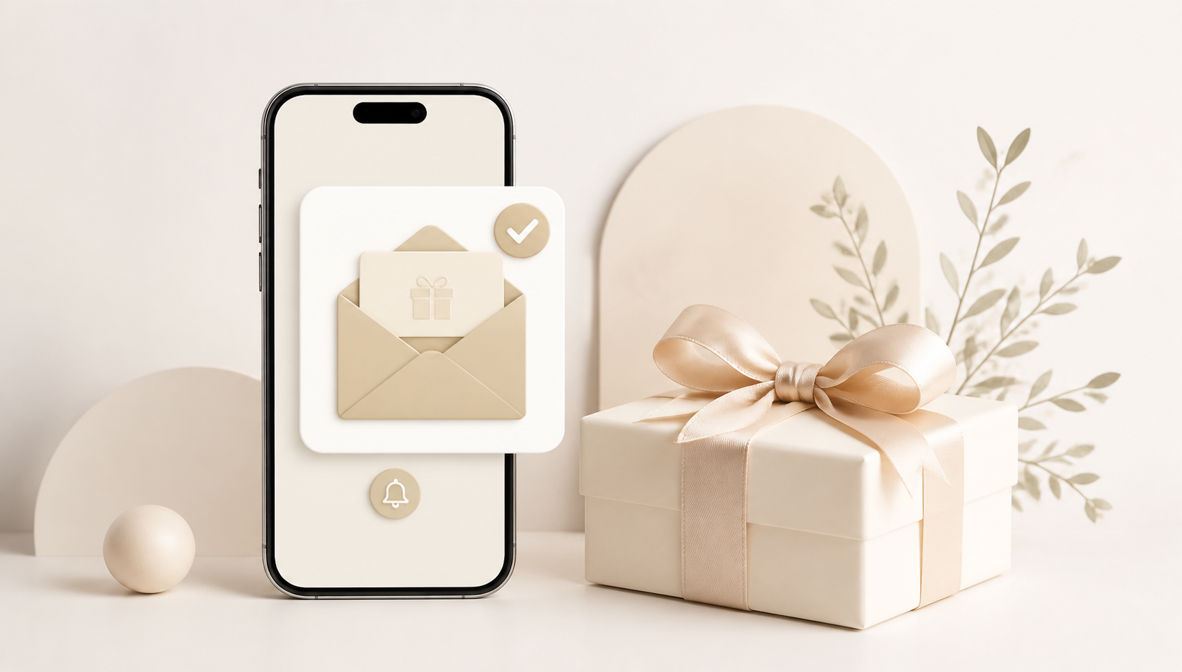 Подарочный сертификат с уведомлением о доставке на смартфоне и подарочной упаковкой