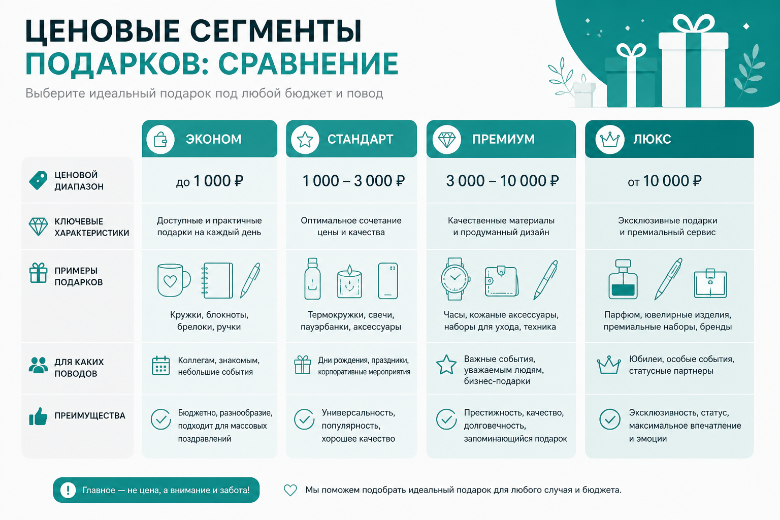 Сравнение ценовых сегментов подарков по критериям и назначению