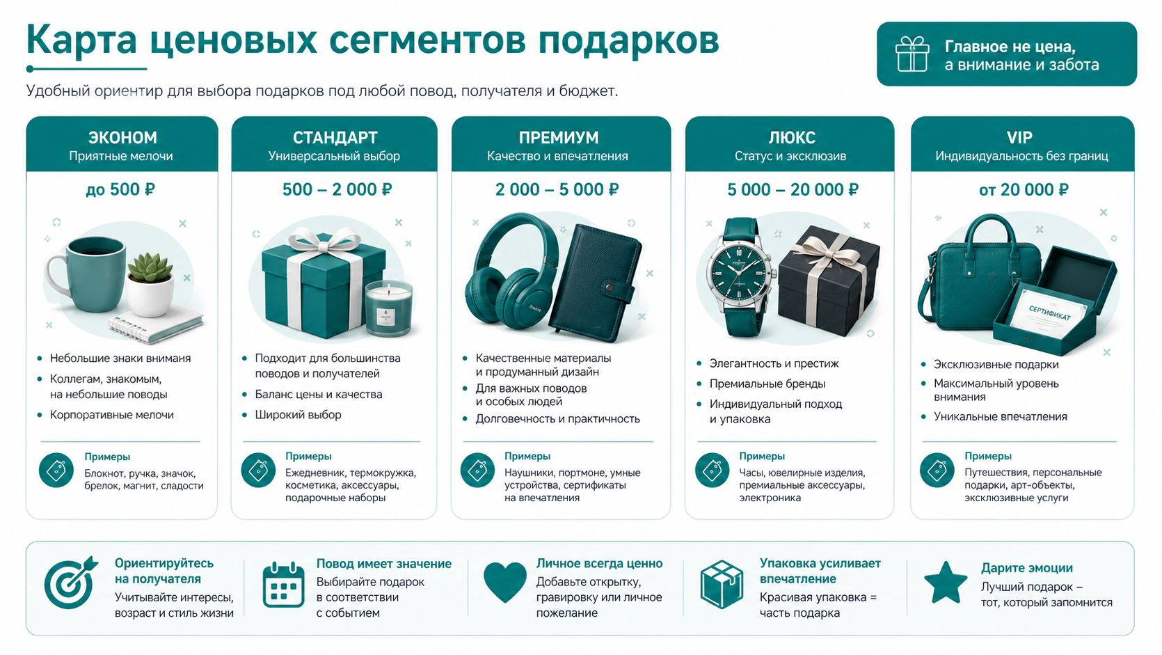 Карта ценовых сегментов подарков: бюджетный, средний и премиальный