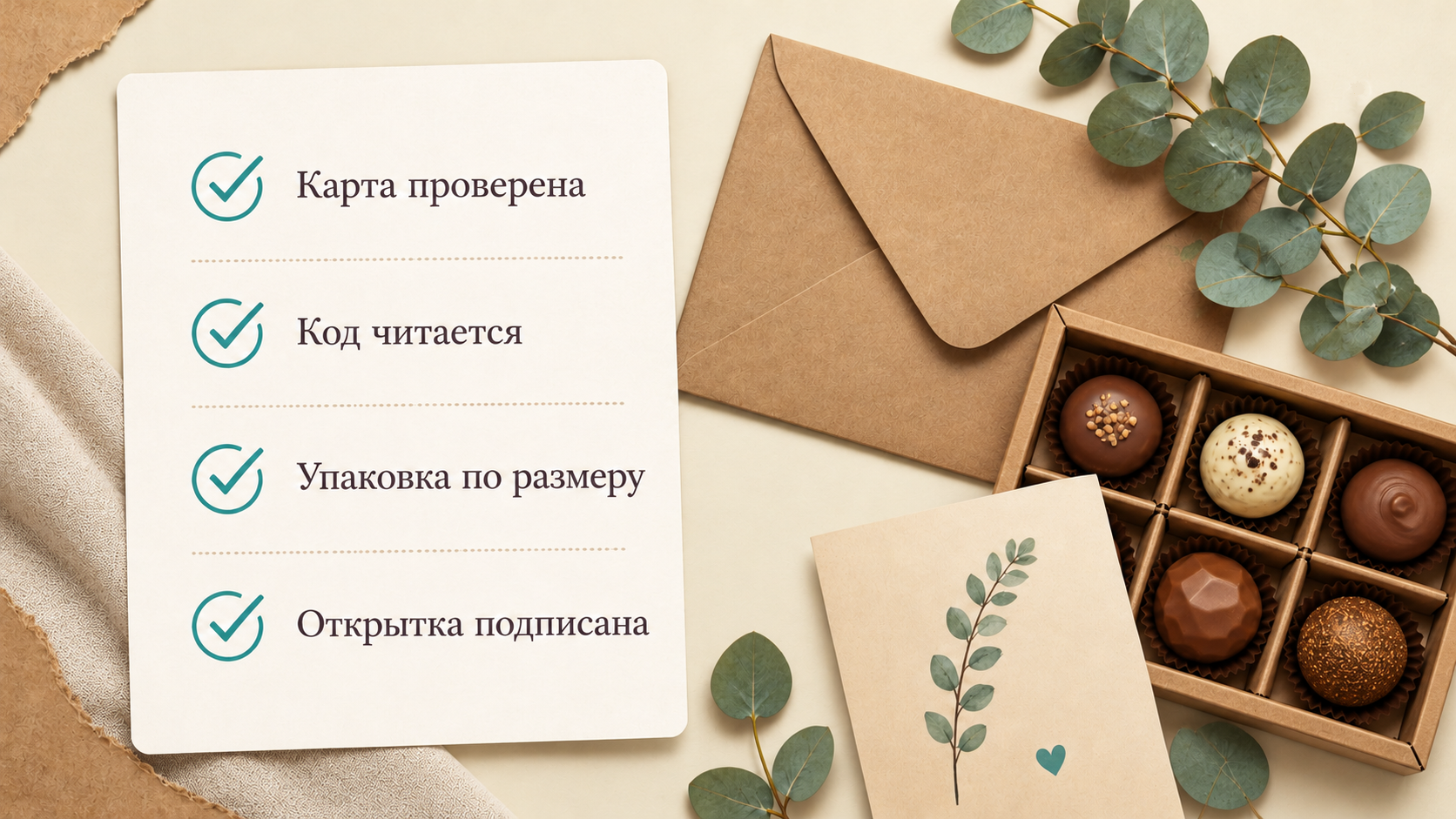Чек-лист перед вручением подарочной карты Чек-лист из четырёх пунктов с галочками: карта проверена, код читается, упаковка по размеру, открытка подписана